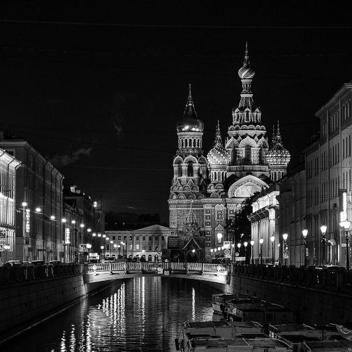 Black and white image of Saint Basil's Cathedral at night